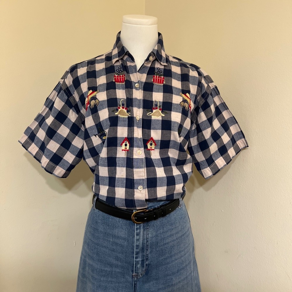 Maggie & Max Womens Navy Gingham Garden Embroidered 100% Cotton Button Up M